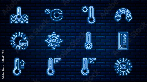 Set line UV protection, Meteorology thermometer, Water, and Celsius icon. Vector