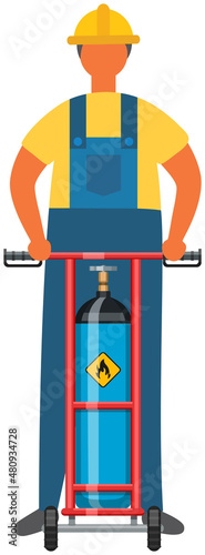 Man holding device for transportation of gas cylinder, canister with fuel. Worker near metal tank with liquefied compressed petroleum, propane on cart with wheels. Person holds pessurized gas storage
