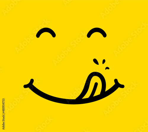 Yummy face smiley icon delicious with tongue lick mouth, tasty food eating emoticon face on yellow background, tasty emoji with saliva drops, smile vector cartoon line style