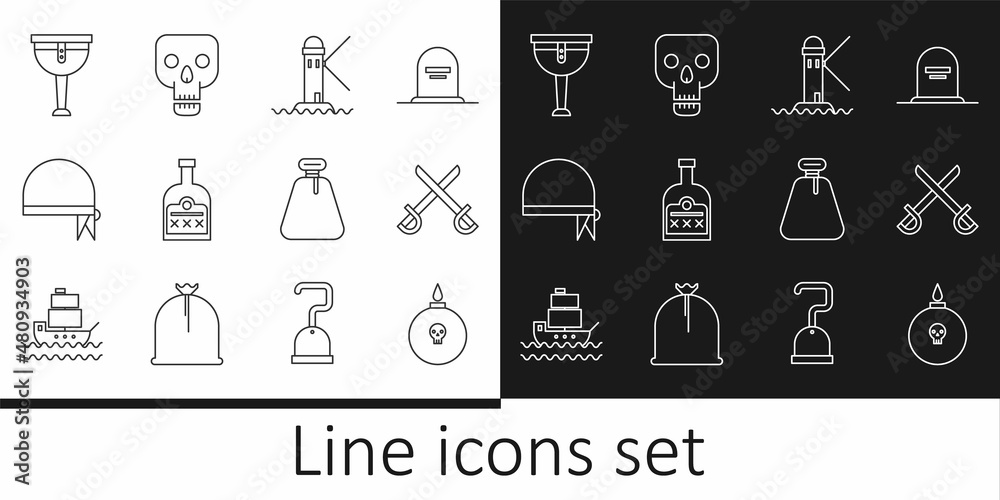 Set line Bomb ready to explode, Crossed pirate swords, Lighthouse, Alcohol drink Rum bottle, Pirate bandana for head, Wooden leg, sack and Skull icon. Vector Set line Bomb ready to explode, Crossed pirate swords, Lighthouse, Alcohol drink Rum bottle, Pirate bandana for head, Wooden leg, sack and Skull icon. Vector