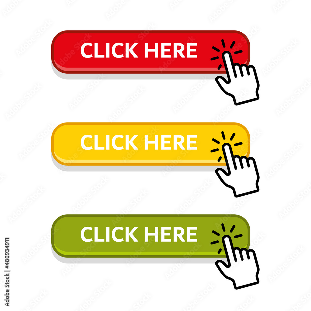 Color Click Here Button Set with Hand Pointer. Vector Color Click Here Button Set with Hand Pointer. Vector