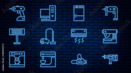 Set line Rotary hammer drill machine, Sewing, Refrigerator, Vacuum cleaner, Electric heater, cordless screwdriver, Air conditioner and Computer monitor icon. Vector