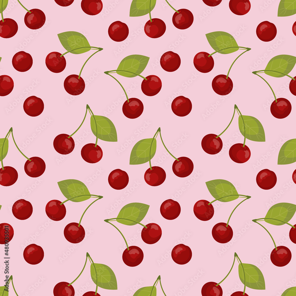 Seamless pattern with red cherries on pink background