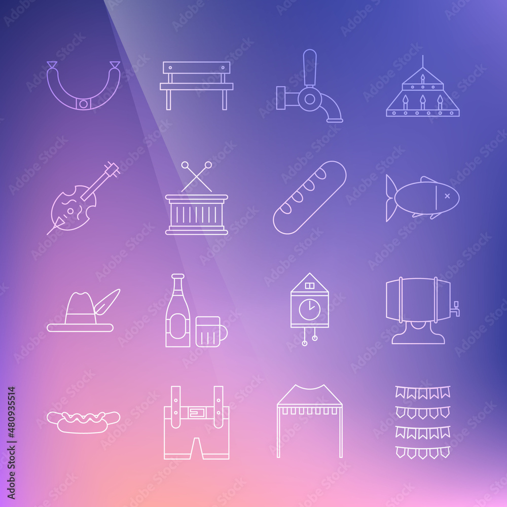Set line Carnival garland with flags, Wooden barrel on rack, Fish, Beer tap, Musical drum sticks, Violin, Sausage and French baguette bread icon. Vector Set line Carnival garland with flags, Wooden barrel on rack, Fish, Beer tap, Musical drum sticks, Violin, Sausage and French baguette bread icon. Vector