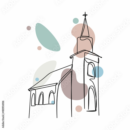 Continuous one simple single abstract line drawing of old church icon in silhouette on a white background. Linear stylized.