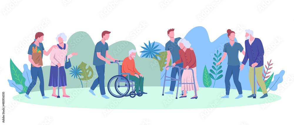 Fototapeta premium Cartoon Taking Care of Seniors Characters People Concept Flat Design Style. Vector illustration of Assistance Volunteers