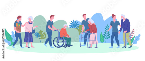 Cartoon Taking Care of Seniors Characters People Concept Flat Design Style. Vector illustration of Assistance Volunteers