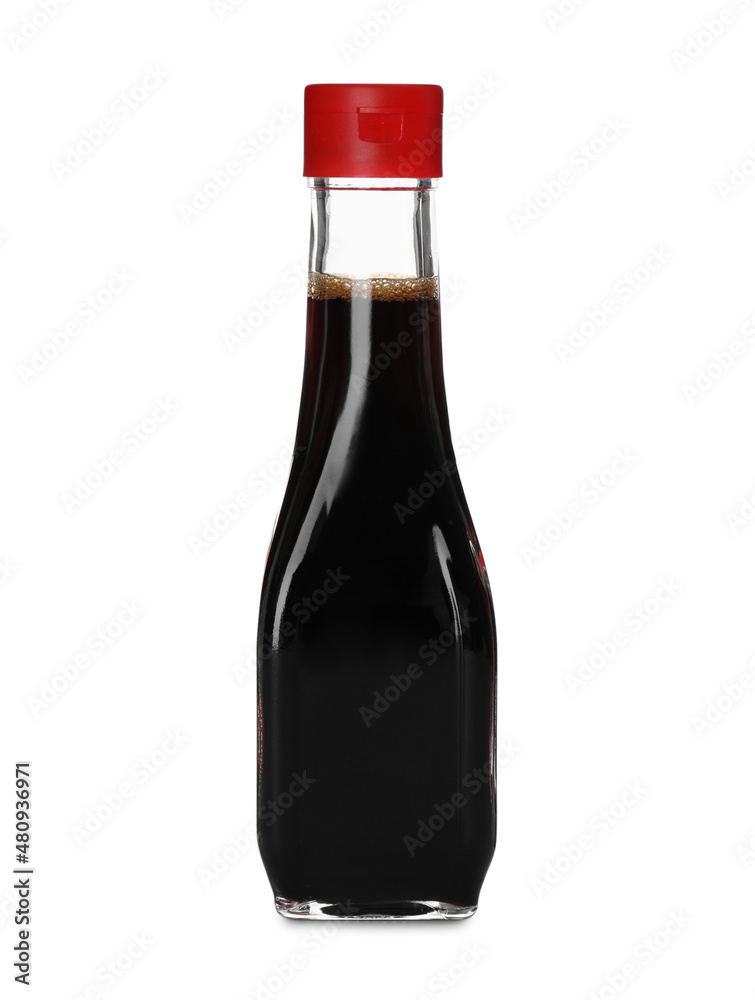 Bottle of tasty soy sauce isolated on white Bottle of tasty soy sauce isolated on white