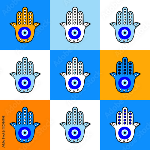 Hamsa hand (hand of Fatima) with an evil eye (nazar) Illustration. Vector illustration and seamless pattern. 