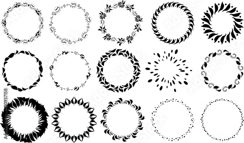 Set, collection. SILHOUETTES of flower wreaths. Set, collection.Black and white ornaments. Graphic, digital drawing with black curls. Insulated round stamp.