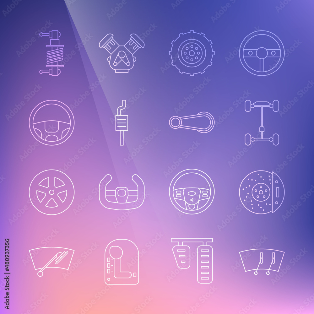 Set line Windscreen wiper, Car brake disk with caliper, Chassis car, wheel, muffler, Steering, Shock absorber and door handle icon. Vector Set line Windscreen wiper, Car brake disk with caliper, Chassis car, wheel, muffler, Steering, Shock absorber and door handle icon. Vector