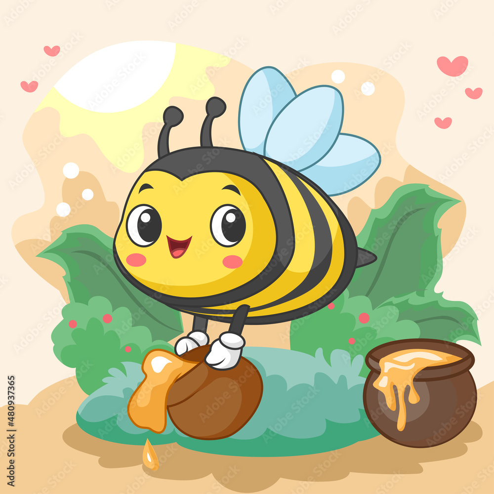 Obraz premium Cute little bee cartoon carrying honey