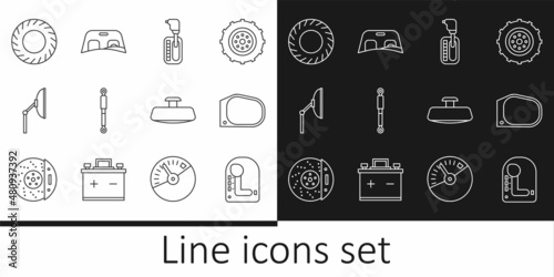 Set line Gear shifter, Car mirror, Shock absorber, Windscreen wiper, tire, and windscreen icon. Vector