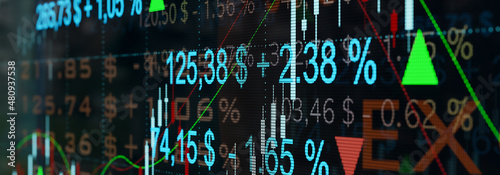 Close-up screen with stocks, quotes, percentage changes, up and down arrows, prices, USD currency symbol, and the word Stock Exchange slightly in the background. 3D illustration