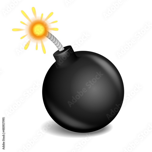 Black bomb glossy 3D icon with sparkling fuse