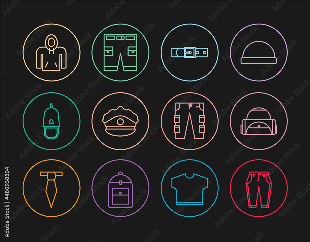 Set line Pants, Sport bag, Leather belt, Police cap with cockade, Hoodie, Cargo pants and Short icon. Vector Set line Pants, Sport bag, Leather belt, Police cap with cockade, Hoodie, Cargo pants and Short icon. Vector