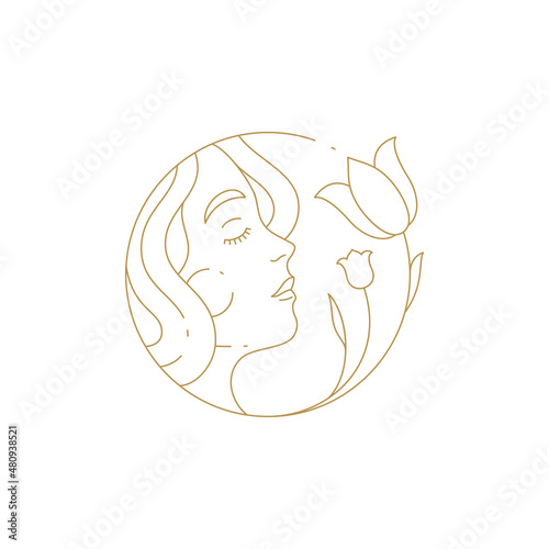 Linear simple logo female face smelling tulip at hand drawn circle frame for beauty spa salon vector