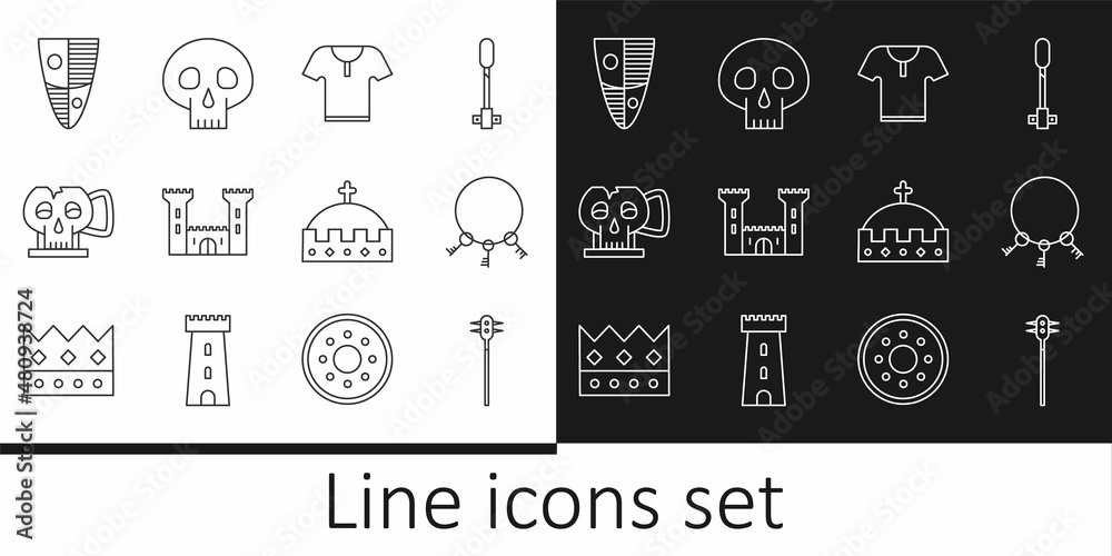 Set line Medieval chained mace ball, Old keys, Body armor, Castle, Cup from the skull, Shield, King crown and Skull icon. Vector