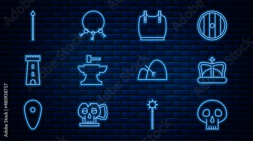 Set line Skull, King crown, Body armor, Anvil for blacksmithing hammer, Castle tower, Medieval spear, Bale of hay and rake and Old keys icon. Vector