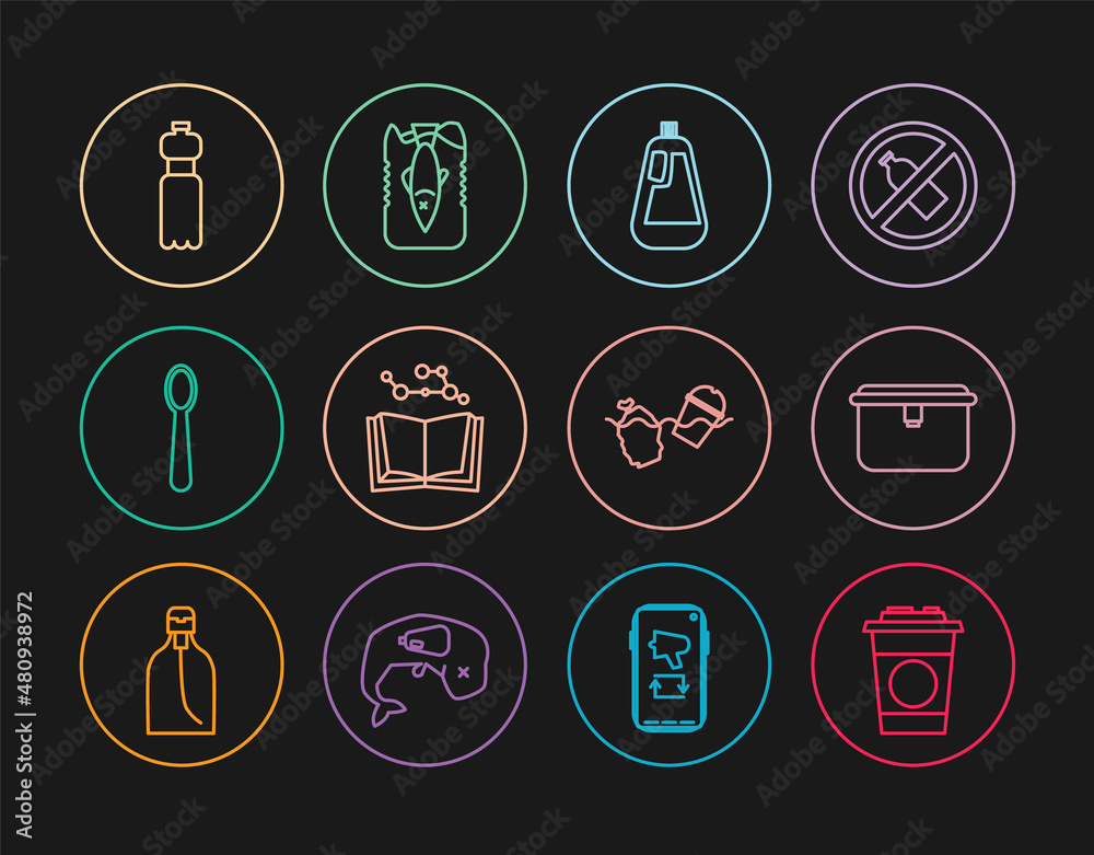 Set line Paper glass, Lunch box, Bottle for dishwashing liquid, Open book, Disposable plastic spoon, of water, Problem pollution the ocean and Stop icon. Vector Set line Paper glass, Lunch box, Bottle for dishwashing liquid, Open book, Disposable plastic spoon, of water, Problem pollution the ocean and Stop icon. Vector