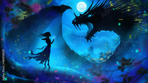 A huge angry spiked dragon roars in rage at a girl with a magic medallion, who slowly gracefully approaches him on tiptoe along the tree root, night fog and a full moon in a magical forest. 2d art