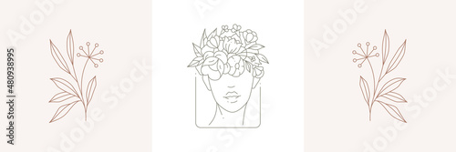 Linear simple pastel greeting card set with art deco blossom woman portrait natural dandelion logo