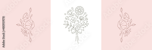 Monochrome linear logo set greeting card decorative design with natural wildflowers bouquet pastel