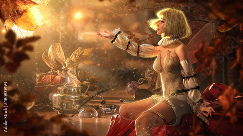A little young fairy girl with a square in a white and gold suit catches the magic fluff of sunny dried flowers sitting on the seamstress's table with a bunch of junk threads glass coins. 3d rendering