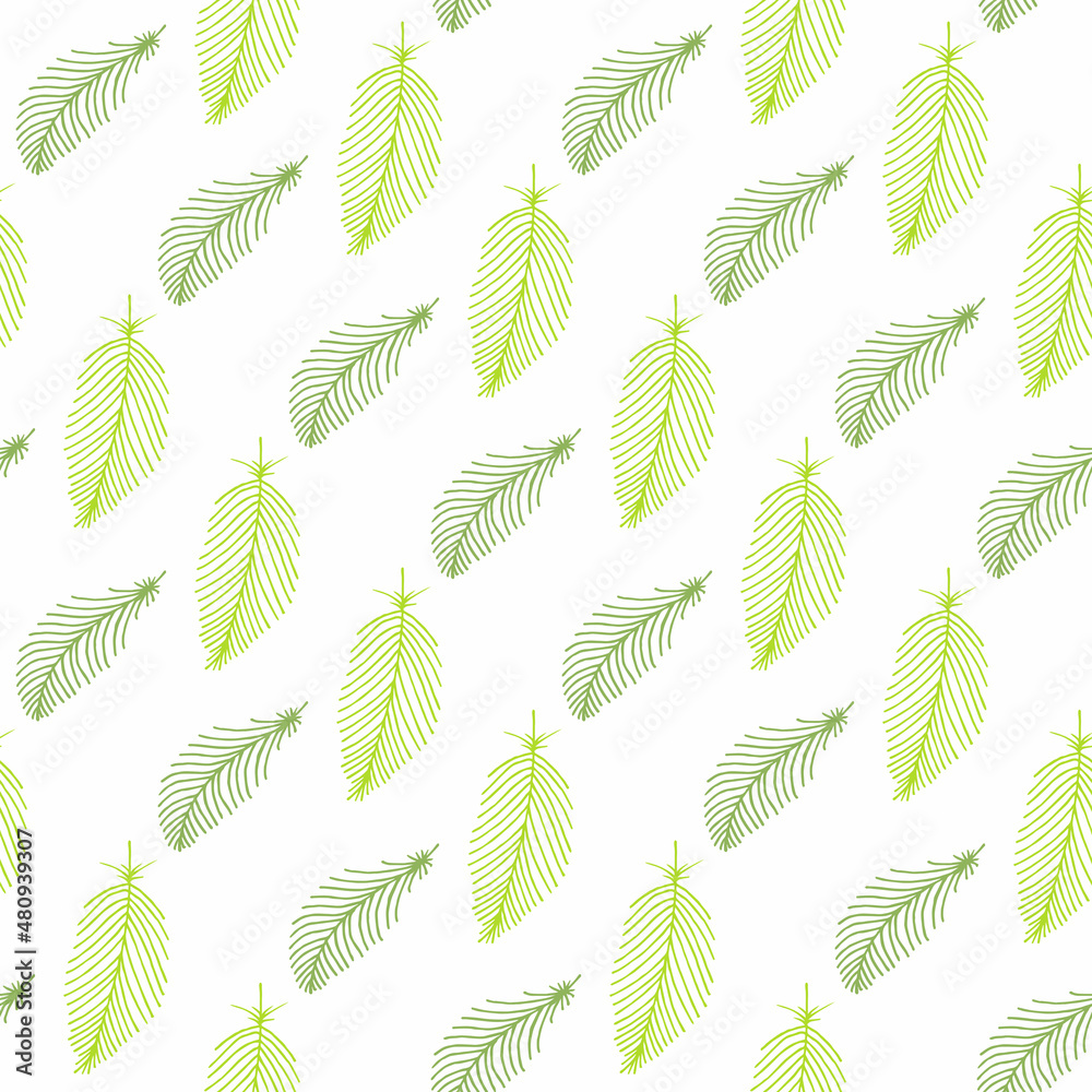 Seamless pattern with green feathers on white background. Vector image.