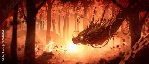 A huge incredibly long forest dragon in oriental style looks curiously at the spirit of a little fox cub sitting on a stone in the autumn orange forest in the rays of the bright sunset sun. 2d art