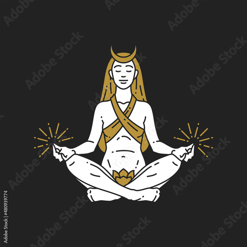 Antique woman goddess with half moon and flower meditating with crossed legs relaxing