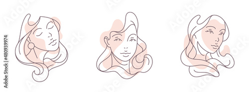 Set hand drawn abstract minimalistic woman portrait continuous line pastel spot icon vector