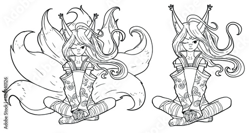 A cute fox girl squints playfully watching you with an open eye, she is a fox with tasseled ears and seven tails, she is wearing a kimono with clouds, peacefully sitting in the lotus position. 2d art