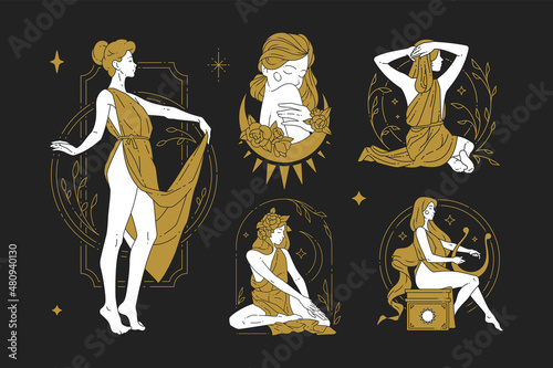Minimalist icon artwork esoteric antique lady with harp flower half moon and stars golden and black