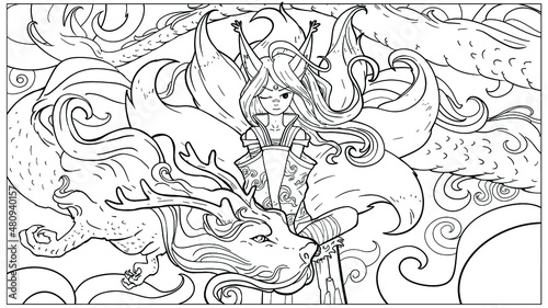 A cute fox girl squints playfully watching you with an open eye, she has seven tails like the goddess Kitsune, next to her flies a magical horned and mustachioed dragon with a kind dog face. 2d art