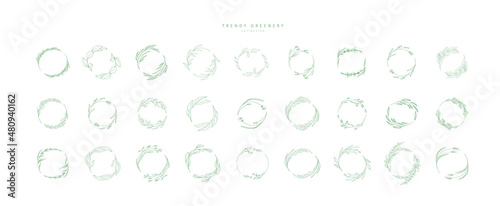 Set of floral decoration wreath and round labels. Branch and minimalist flowers. Hand drawn line wedding herb, elegant leaves for invitation save the date card. Botanical rustic trendy