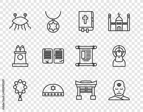 Set line Rosary beads religion, Man with third eye, Holy bible book, Jewish kippah star of david, Pastafarianism, The commandments, Japan Gate and Jesus Christ icon. Vector