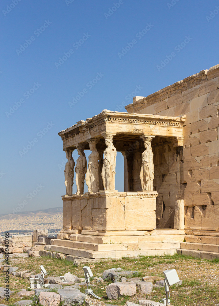 The Erechtheum temple stone porch with Caryatids in Erechtheion in Acropolis