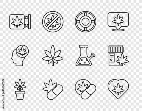 Set line Marijuana or cannabis plant, leaf in heart, Ashtray, Medical pills with marijuana, and store, Herbal ecstasy tablets and bottle icon. Vector
