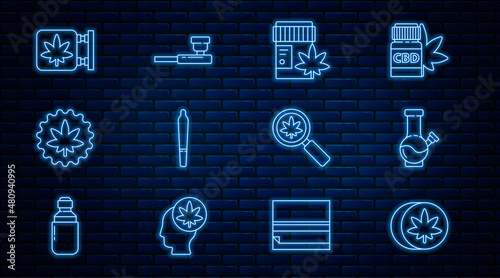 Set line Herbal ecstasy tablets, Glass bong for smoking marijuana, Medical bottle with, Marijuana joint, cannabis leaf, and store, Magnifying glass and Smoking pipe icon. Vector