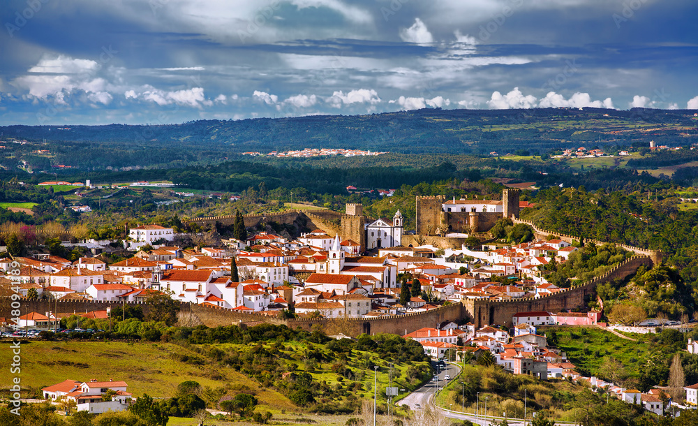 Distant View of the Beautiful Village of Obidos, Portugal