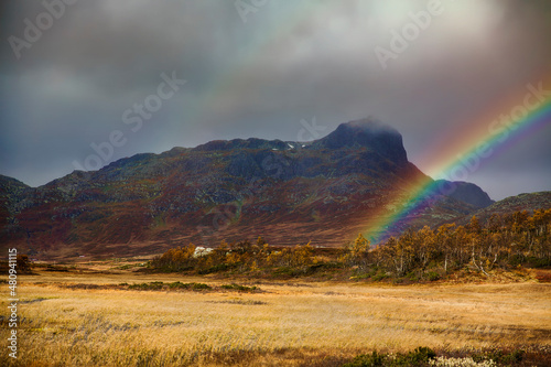 Swamp, Rainbow, and the Mountain Bitihorn in Autumn Colors, near Beitostolen, Norway