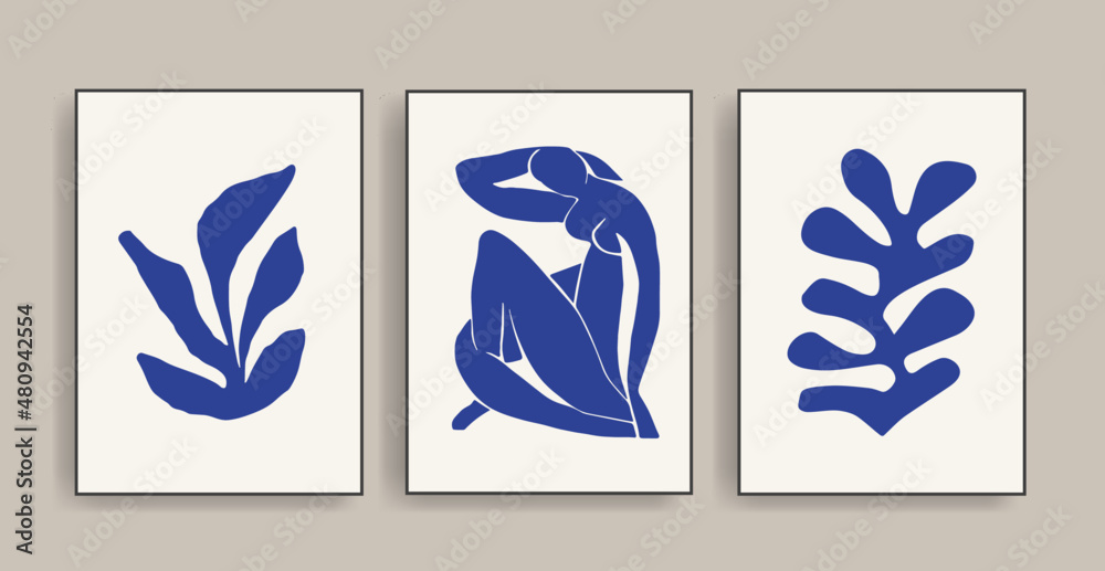 Obraz premium Matisse Abstract Art Set. Set of abstract trendy creative artistic posters. Female body, flowers texture. Design for wall decor, print, cardbackground, social media, cover. Vector illustration.