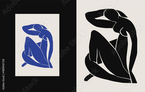 Matisse Abstract Art Set, Blue Nude, Blue Woman print, Minimalist Art, Illustration, Vector, Poster, Postcard. Collection for decoration. Vector all isolated. Set of abstract trendy creative art.