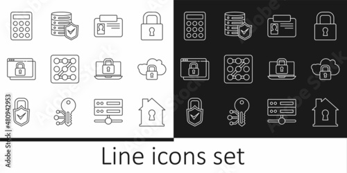 Set line House under protection, Cloud computing lock, Identification badge, Graphic password, Secure your site with HTTPS, SSL, Password, Laptop and and Server shield icon. Vector