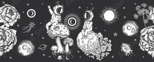 Space background. Mushrooms are like planets, sun and flowers.