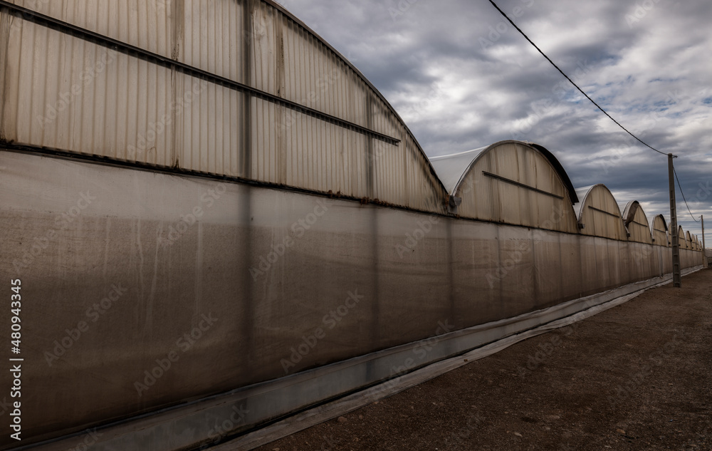 Obraz premium Plastic greenhouses against cloudy sky in Almeria, Spain