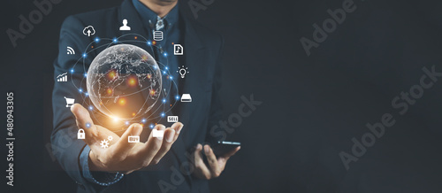 Businessmen using mobile phones, Mars, global Internet connection technology and digital marketing Finance and banking.