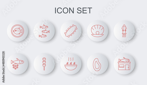 Set line Seafood store, Fish with caviar, cucumber, Mussel, Puffer fish on plate, Fishes, Takoyaki stick and Soup shrimps icon. Vector