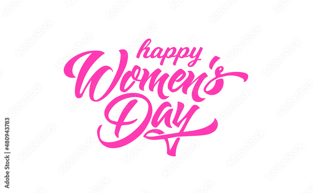 Women Day greeting card text calligraphy and hearts. Lettering for 8 March Woman holiday premium white background.